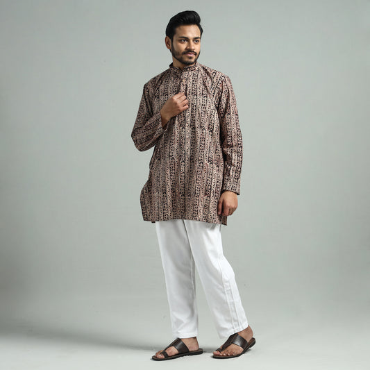 Brown - Kalamkari Block Printed Cotton Men Short Kurta