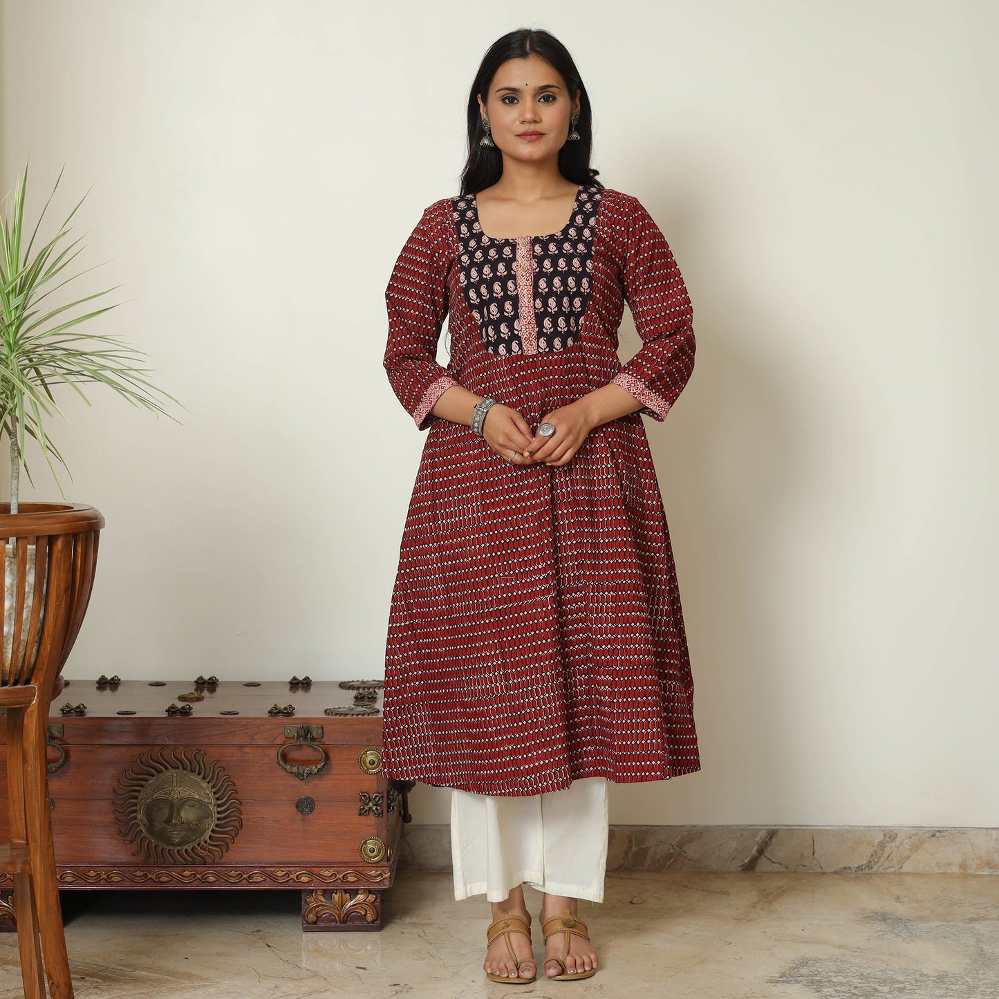 Maroon - Bagh Hand Block Printed Cotton A-Line Kurta 09