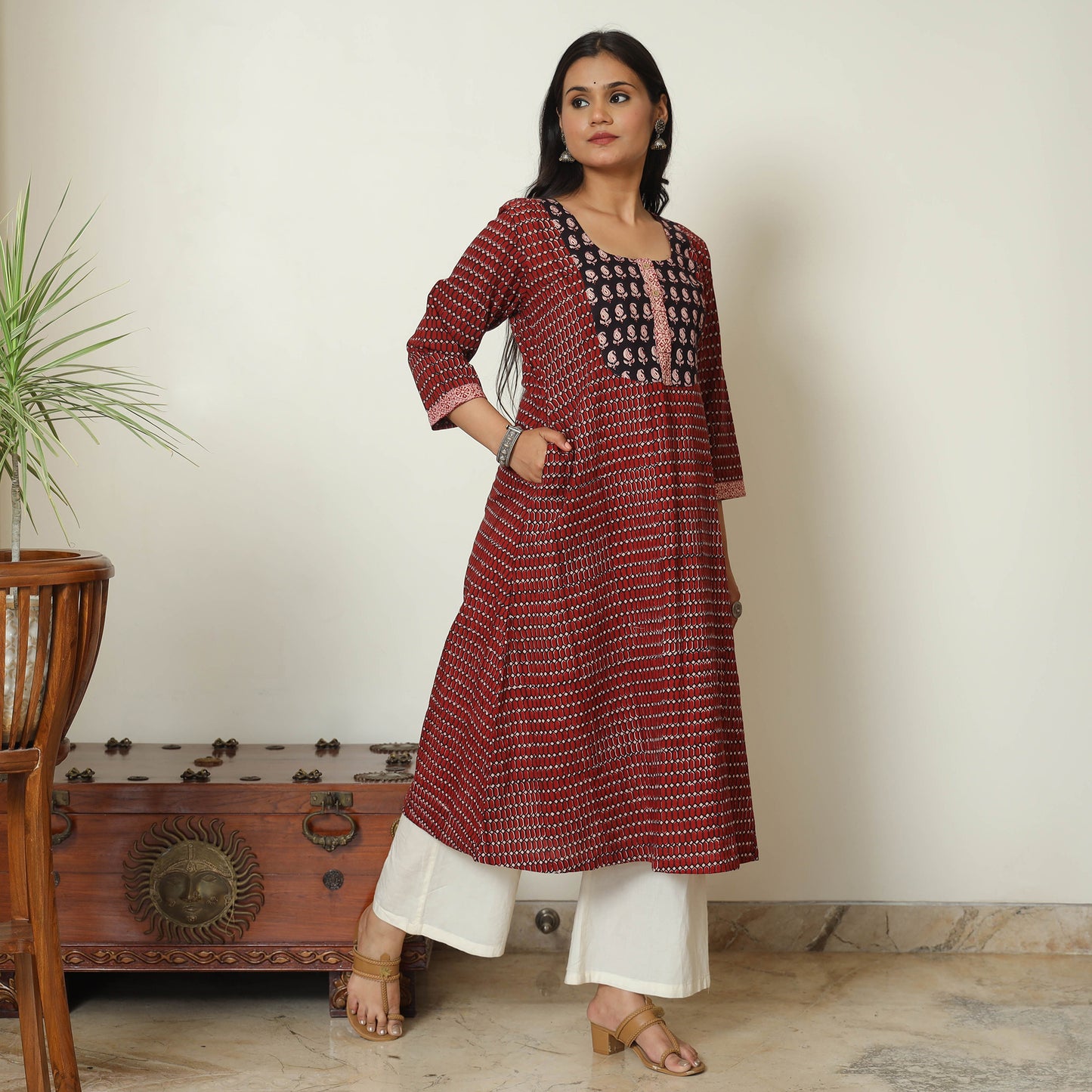 Maroon - Bagh Hand Block Printed Cotton A-Line Kurta 09