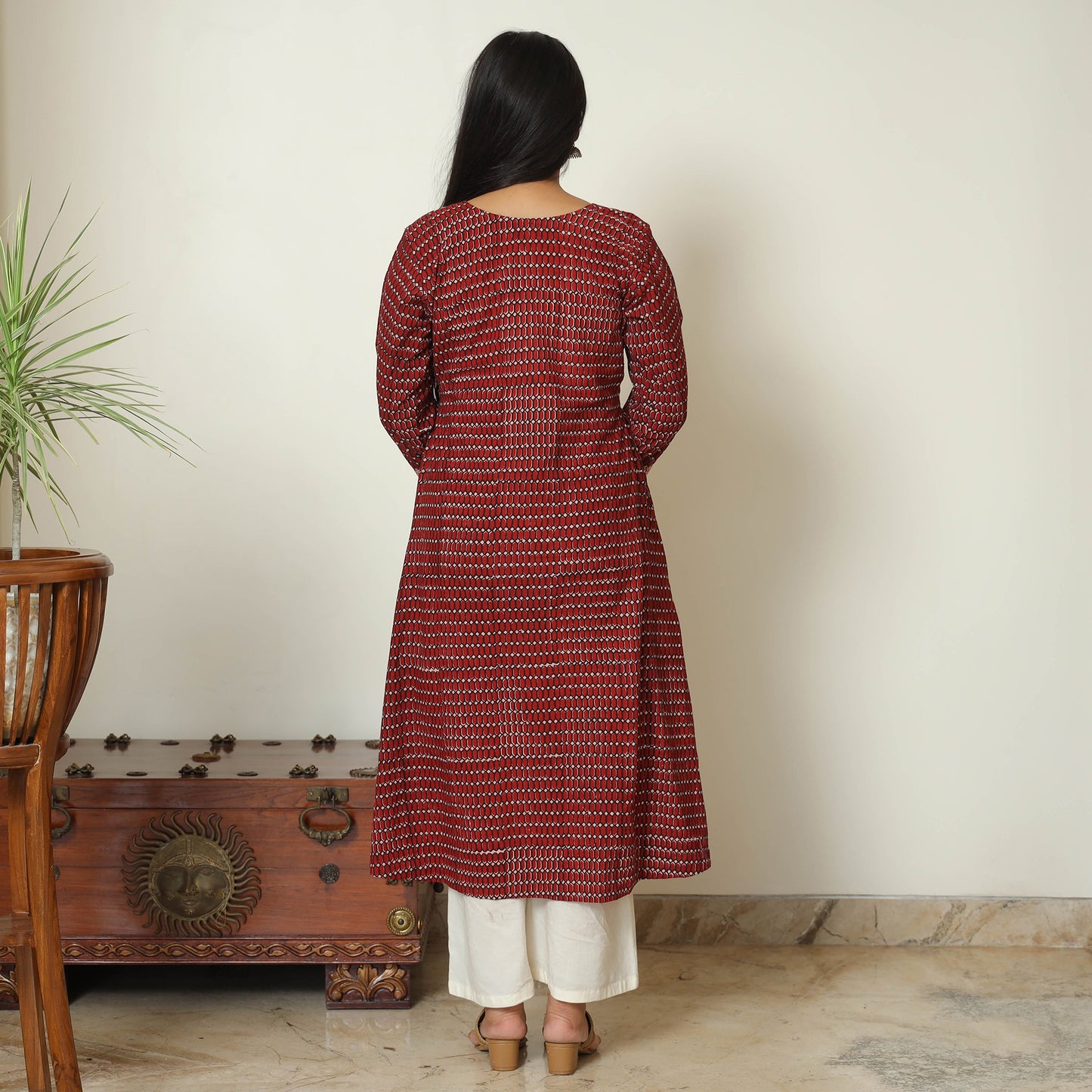 Maroon - Bagh Hand Block Printed Cotton A-Line Kurta 09