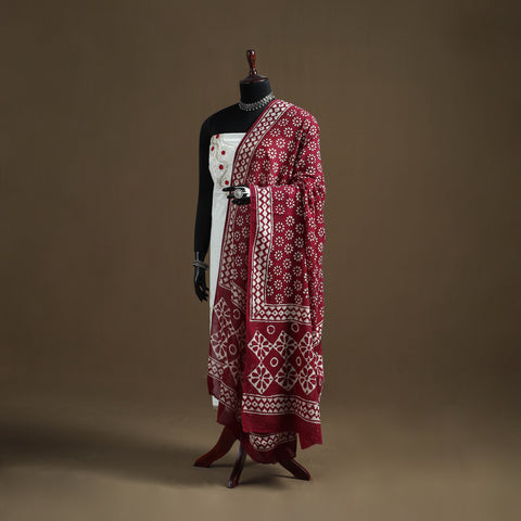 Maroon - Hand Block Batik Print Pure Mul Cotton Dupatta 50