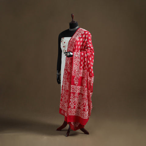 Red - Hand Block Batik Print Pure Mul Cotton Dupatta 51