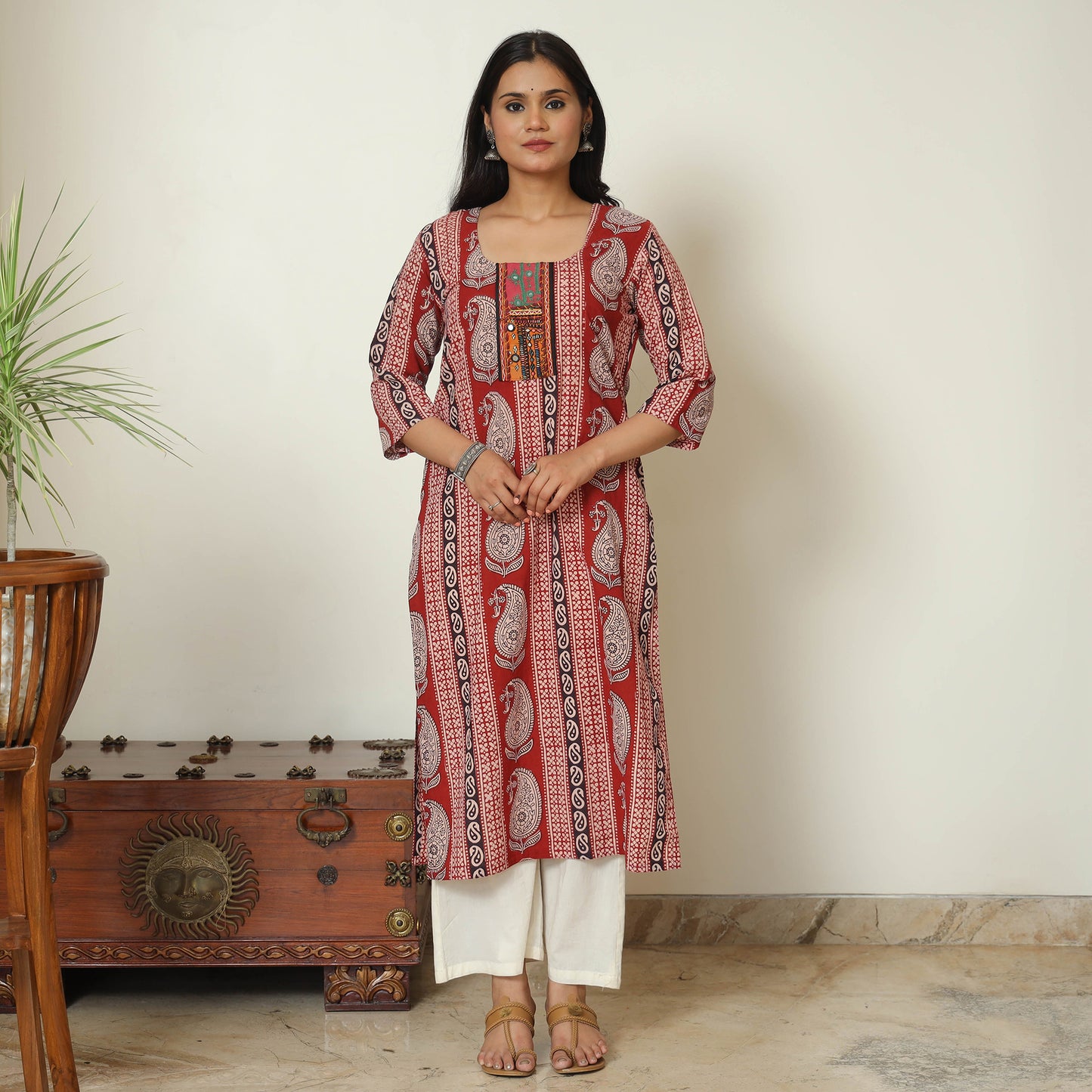 Red - Bagh Hand Block Printed Cotton Straight Kurta with Kutch Embroidery Patchwork 14