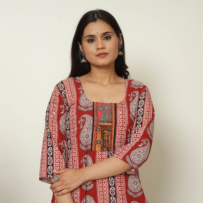 Red - Bagh Hand Block Printed Cotton Straight Kurta with Kutch Embroidery Patchwork 14