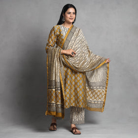 Yellow - Bagru Block Printed Chanderi Silk Kurta with Palazzo & Dupatta Set