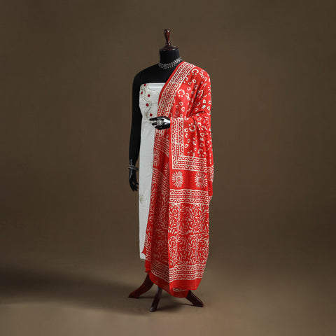 Red - Hand Block Batik Print Pure Mul Cotton Dupatta 53