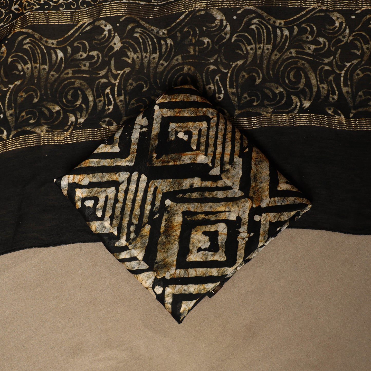 Black - 3pc chanderi silk unstitched hand batik dress