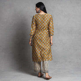 Yellow - Bagru Block Printed Chanderi Silk Kurta with Palazzo & Dupatta Set