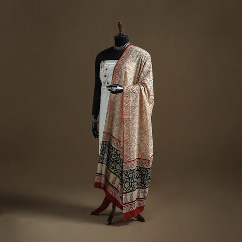 Beige - Bagru Hand Block Print Natural Dyed Pure Mul Cotton Dupatta 54