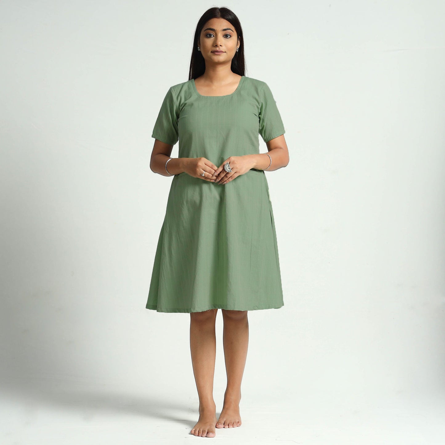 Sage Green Plain Handloom Cotton Dress