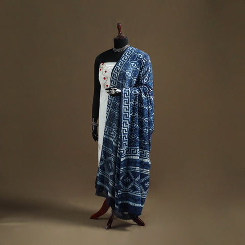 Blue - Indigo Bagru Hand Block Print Natural Dyed Pure Mul Cotton Dupatta 59