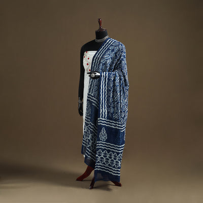 Blue - Indigo Bagru Hand Block Print Natural Dyed Pure Mul Cotton Dupatta 60