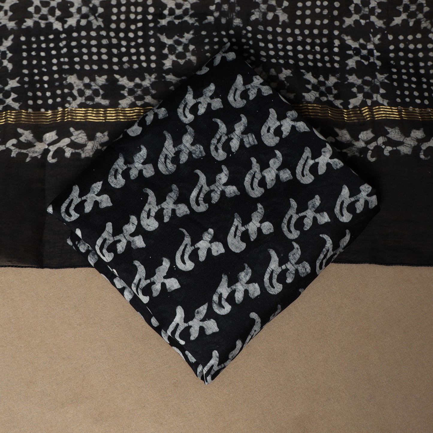 Black - 3pc chanderi silk hand batik unstitched dress