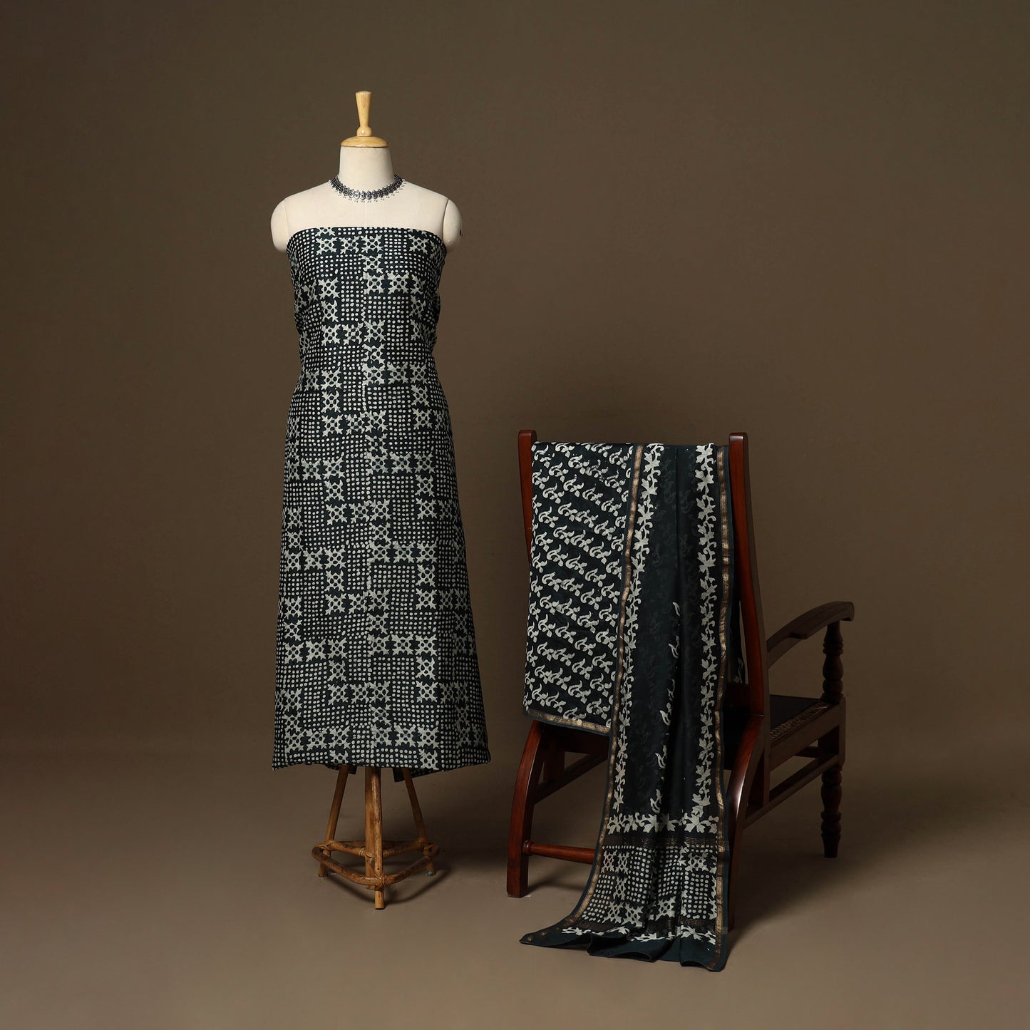 Black - 3pc chanderi silk unstitched hand batik dress