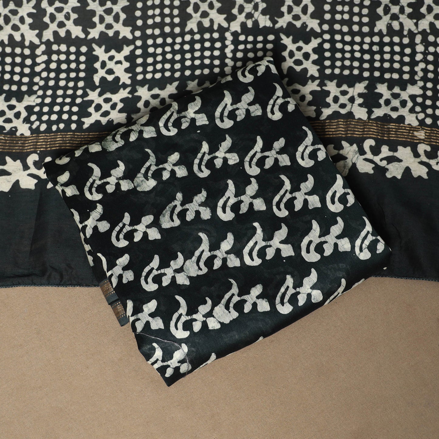 Black - 3pc chanderi silk unstitched hand batik dress