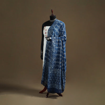 Blue - Indigo Bagru Hand Block Print Natural Dyed Pure Mul Cotton Dupatta 62