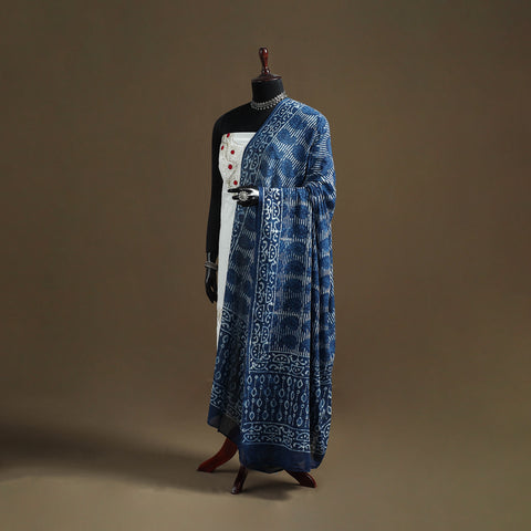 Blue - Indigo Bagru Hand Block Print Natural Dyed Pure Mul Cotton Dupatta 62