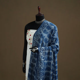 Blue - Indigo Bagru Hand Block Print Natural Dyed Pure Mul Cotton Dupatta 62
