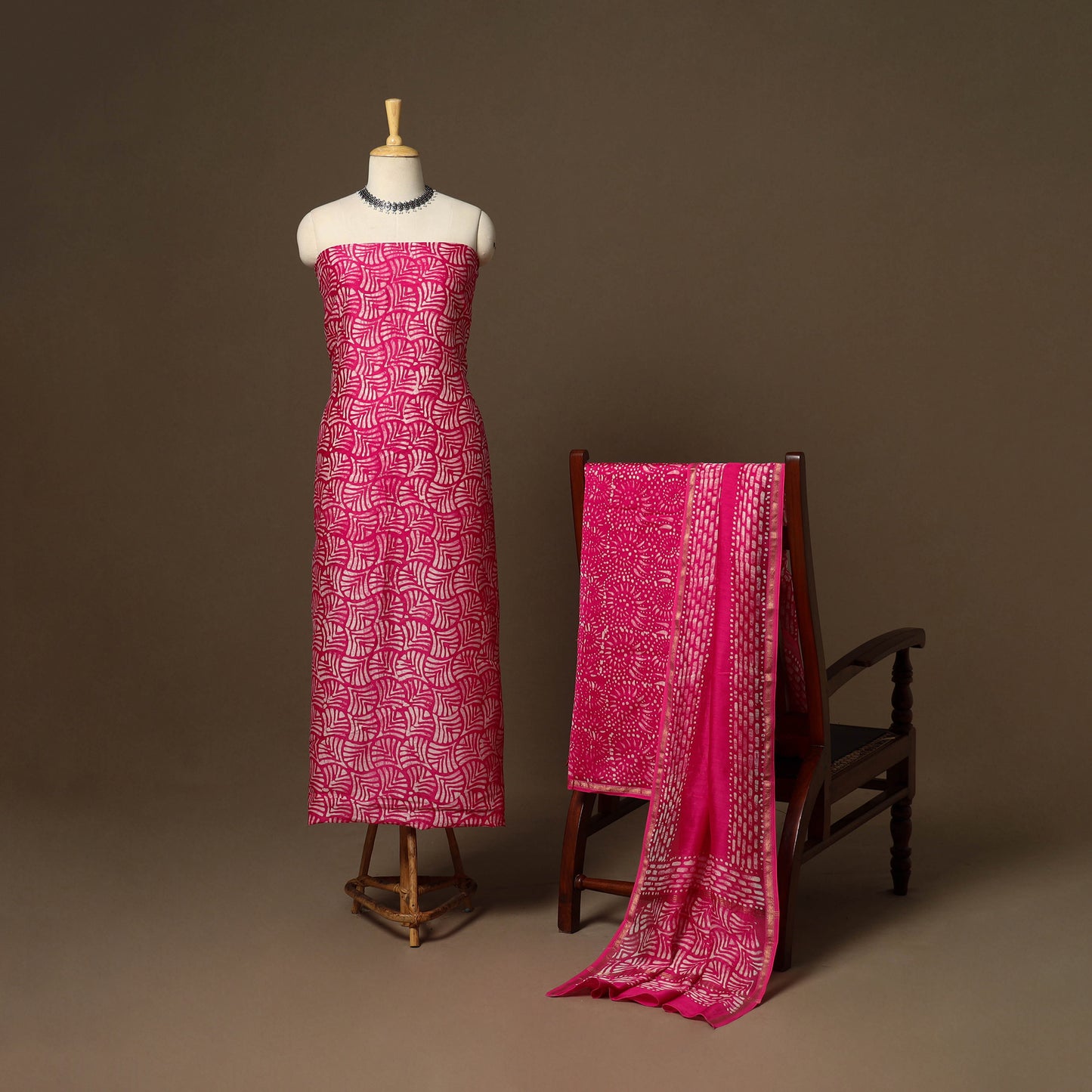 Pink - 3pc chanderi silk unstitched hand batik dress