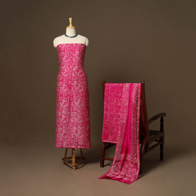 Pink - 3pc chanderi silk unstitched hand batik dress