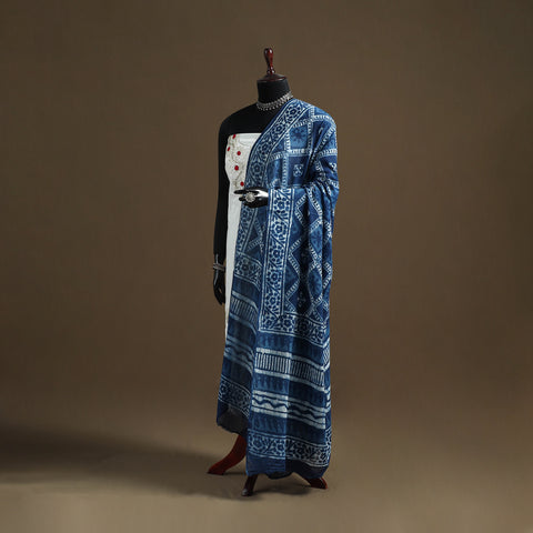 Blue - Indigo Bagru Hand Block Print Natural Dyed Pure Mul Cotton Dupatta 63