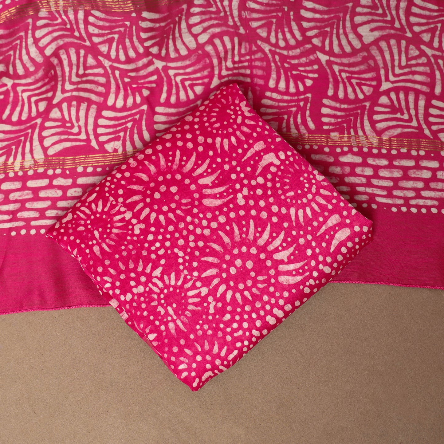 Pink - 3pc chanderi silk unstitched hand batik dress