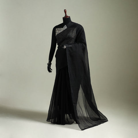 Black - Nazaakat Kota Doria Cotton Plain Saree with Blouse & Jewellery Set 04