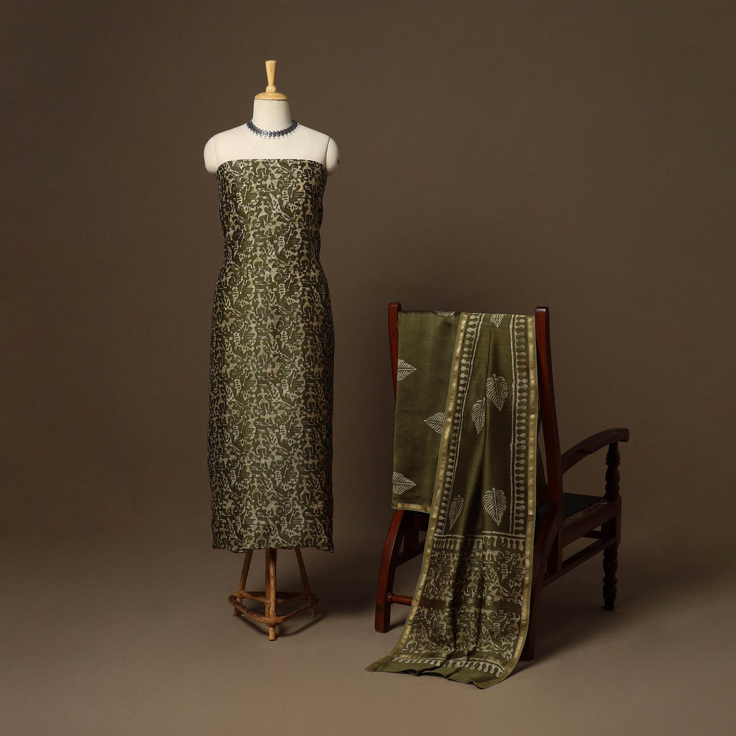 Green - 3pc chanderi silk unstitched hand batik dress