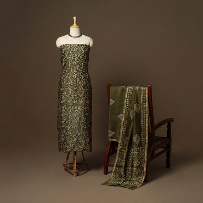 Green - 3pc chanderi silk unstitched hand batik dress
