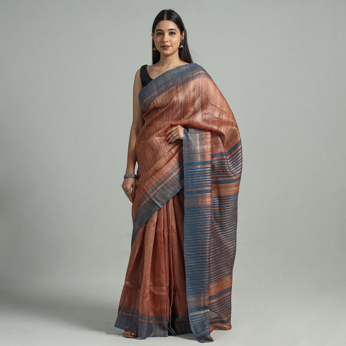 Peach - Bhagalpuri Handwoven Pure Desi Tussar Silk Saree with Zari 01