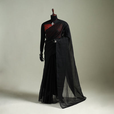 Black - Nazaakat Kota Doria Cotton Plain Saree with Blouse & Jewellery Set 05