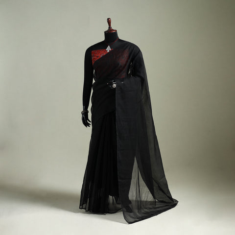 Black - Nazaakat Kota Doria Cotton Plain Saree with Blouse & Jewellery Set 05