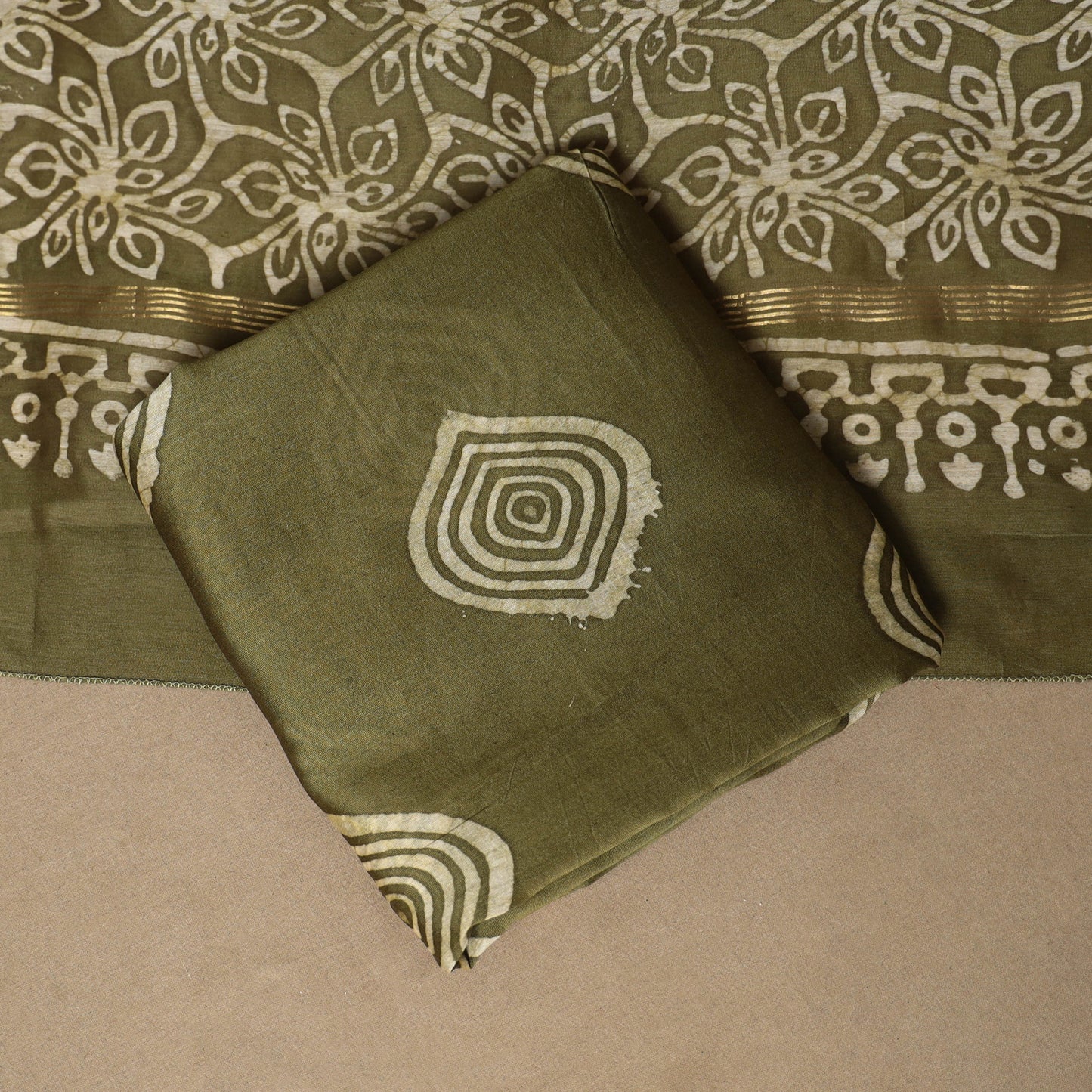 Green - 3pc chanderi silk unstitched hand batik dress