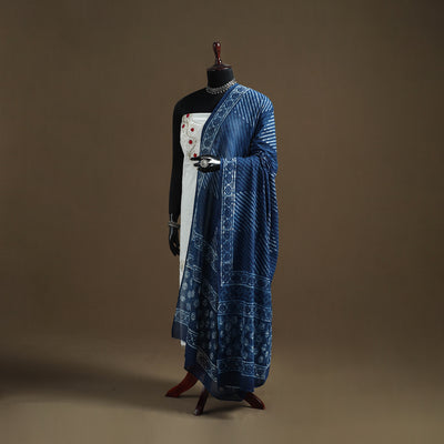 Blue - Indigo Bagru Hand Block Print Natural Dyed Pure Mul Cotton Dupatta 68