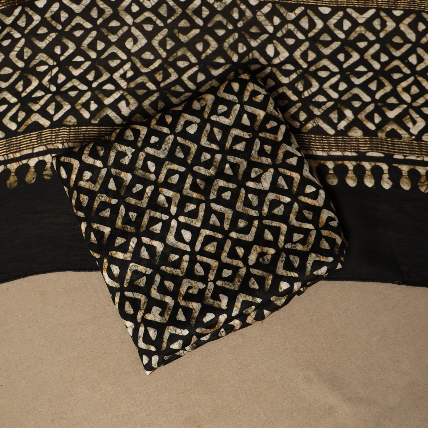 Black - 3pc chanderi silk unstitched hand batik dress