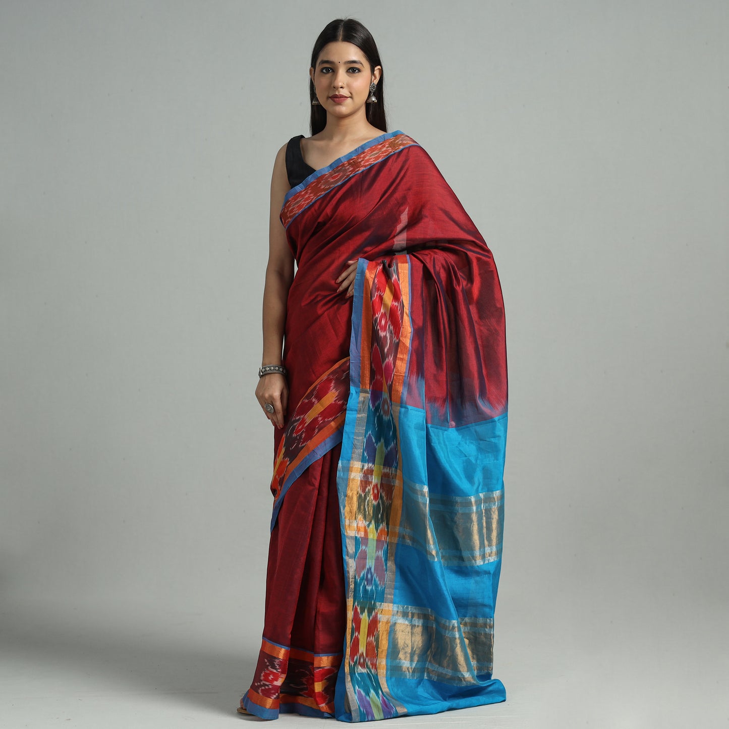 Maroon - Traditional Venkatagiri Silk Cotton Handloom Saree with Ikat Border 14