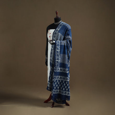 Blue - Indigo Bagru Hand Block Print Natural Dyed Pure Mul Cotton Dupatta 69
