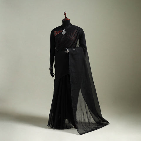 Black - Nazaakat Kota Doria Cotton Plain Saree with Blouse & Jewellery Set 06