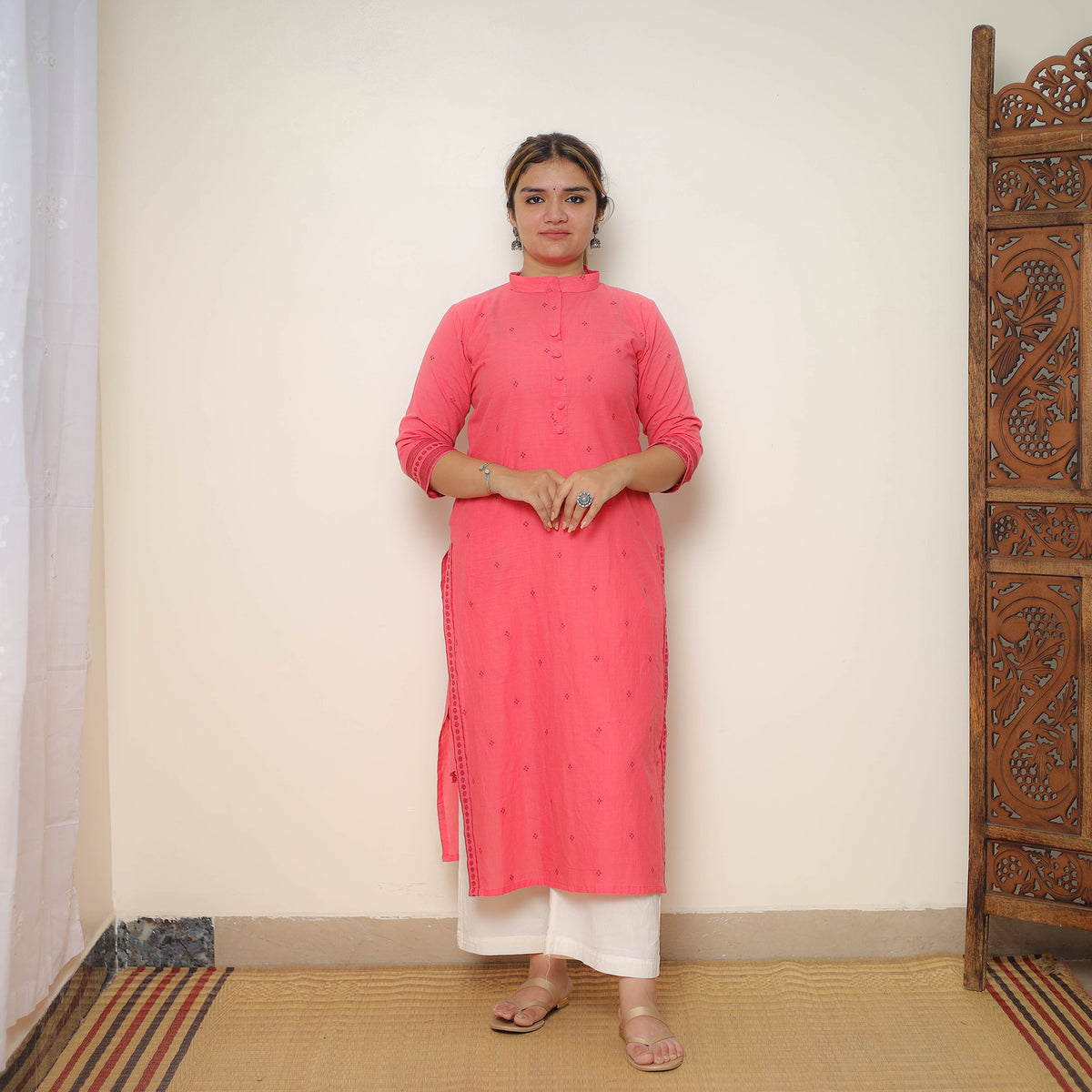 Pink - Jacquard Cotton Straight Kurta 01