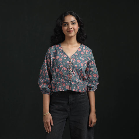 Hand Block Sanganeri Print Cotton Floral Crop Top 08