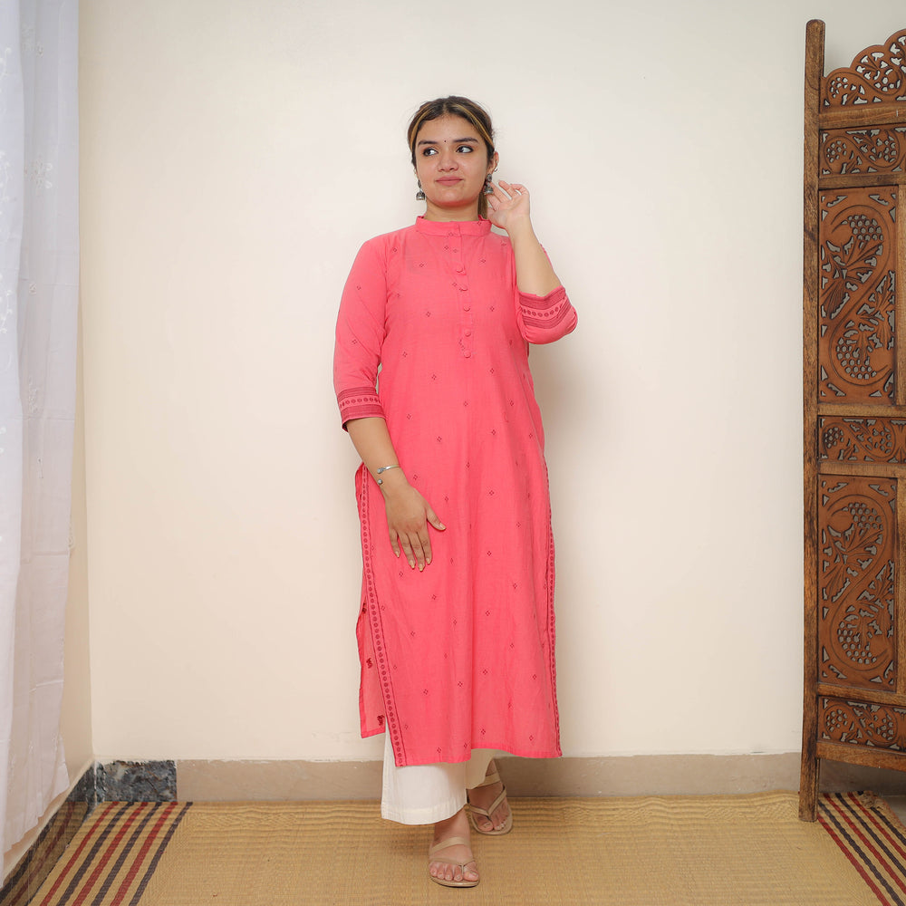 Pink - Jacquard Cotton Straight Kurta 01