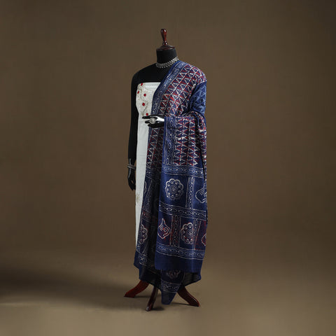 Blue - Indigo Bagru Hand Block Print Natural Dyed Pure Mul Cotton Dupatta 70