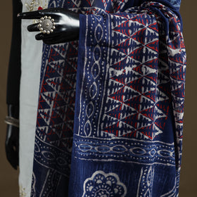 Blue - Indigo Bagru Hand Block Print Natural Dyed Pure Mul Cotton Dupatta 70