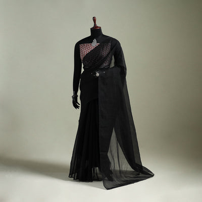 Black - Nazaakat Kota Doria Cotton Plain Saree with Blouse & Jewellery Set 08