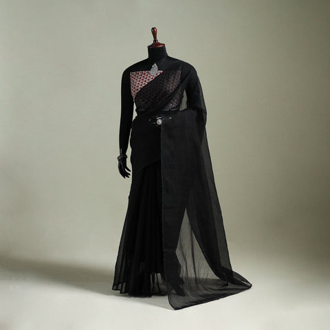 Black - Nazaakat Kota Doria Cotton Plain Saree with Blouse & Jewellery Set 08