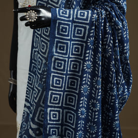 Blue - Indigo Bagru Hand Block Print Natural Dyed Pure Mul Cotton Dupatta 72