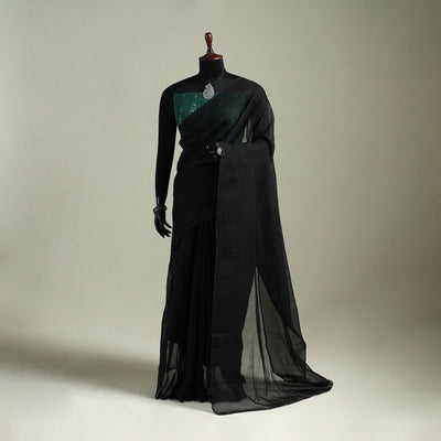 Black - Nazaakat Kota Doria Cotton Plain Saree with Blouse & Jewellery Set 09