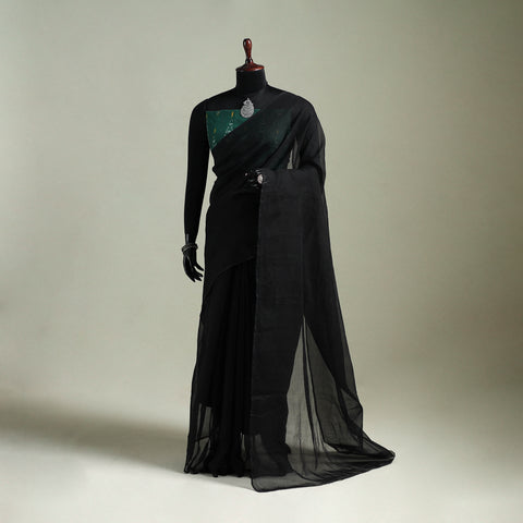 Black - Nazaakat Kota Doria Cotton Plain Saree with Blouse & Jewellery Set 09