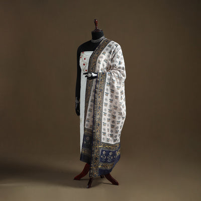 White - Sanganeri Hand Block Print Chanderi Silk Dupatta 74