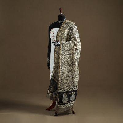 Brown - Sanganeri Hand Block Print Chanderi Silk Dupatta 75
